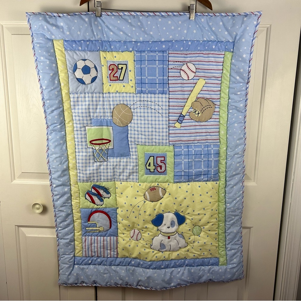 Kidsline Baseball Puppy Dog Baby Blanket Quilt Comforter Blue Sports Basketball